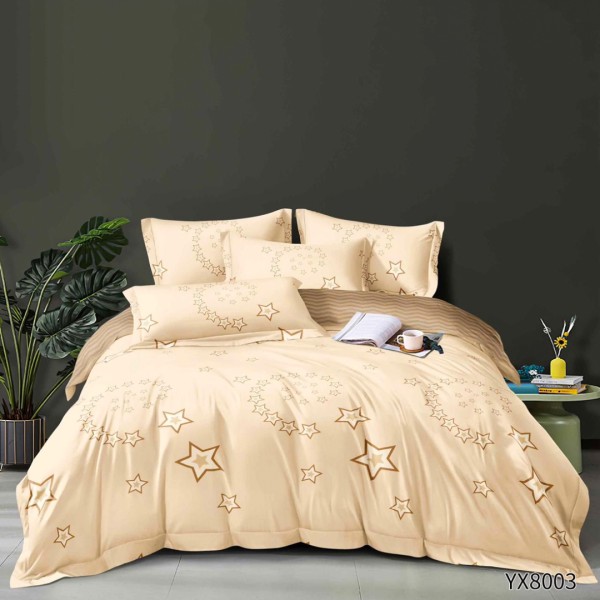 Lenjerie pat 140x200cm,  FINET, cu elastic, 4 piese, Bej, Maro, Stelute [1]