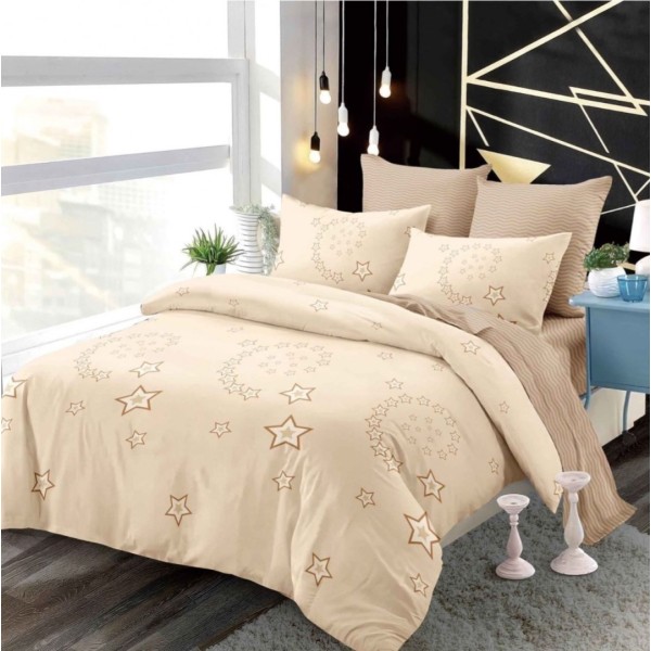 Lenjerie pat dublu,  FINET, cu elastic, 6 piese, Crem, Bej, Stelute [1]