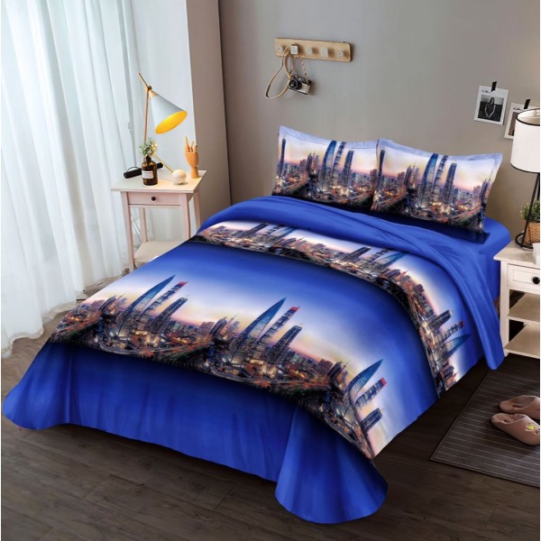 Lenjerie pat dublu (140x200cm, 160x200cm, 180x200cm), cearsaf clasic, imprimeu 3D, Albastru, oras [1]