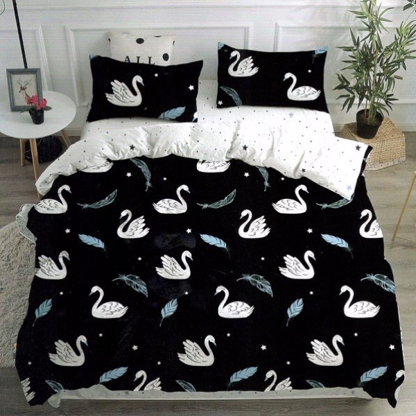 Lenjerie pat dublu (140x200cm, 160x200cm, 180x200cm), bumbac satinat, cearsaf clasic, 4 piese,  Negru, lebede [1]