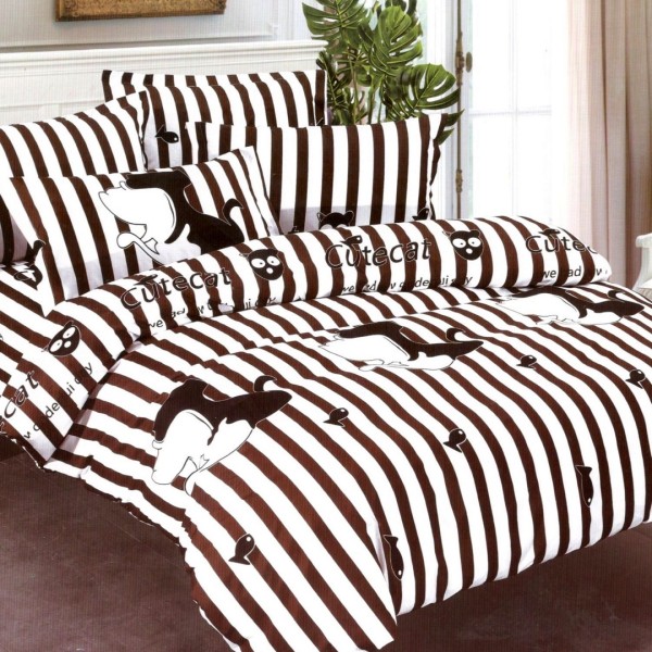 Lenjerie pat dublu (140x200cm, 160x200cm, 180x200cm), bumbac satinat, cearsaf clasic, 4 piese,  Maro, rechini [1]