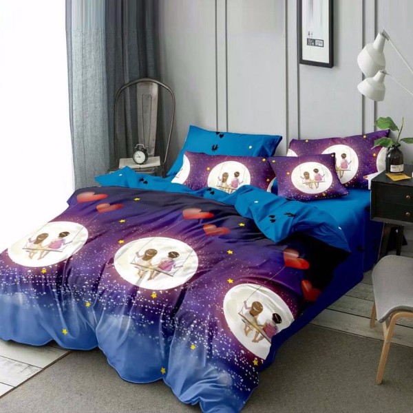 Lenjerie pat dublu (140x200cm, 160x200cm, 180x200cm), bumbac satinat, cearsaf clasic, 4 piese,  Albastru, stelute, inimioare, indragostiti [1]