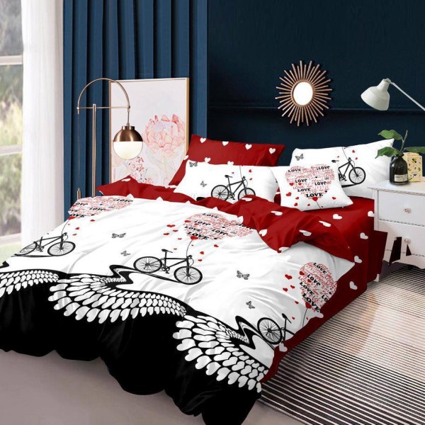 Lenjerie pat dublu (140x200cm, 160x200cm, 180x200cm), bumbac satinat, cearsaf clasic, 4 piese,  Negru, biciclete, fluturi, inimioare [1]