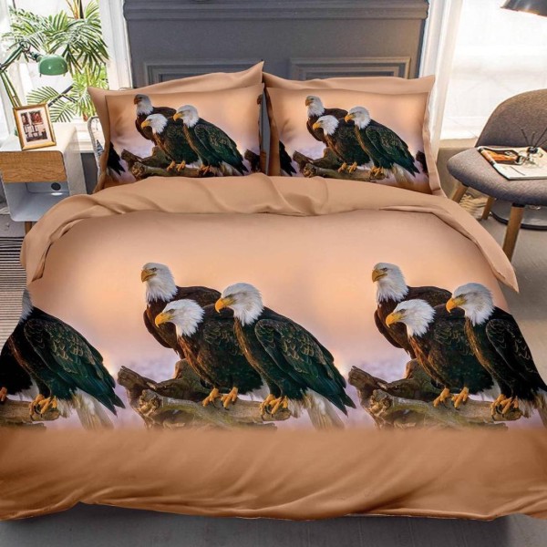 Lenjerie pat dublu (140x200cm, 160x200cm, 180x200cm), cearsaf clasic, imprimeu 3D, Maro, vulturi [1]