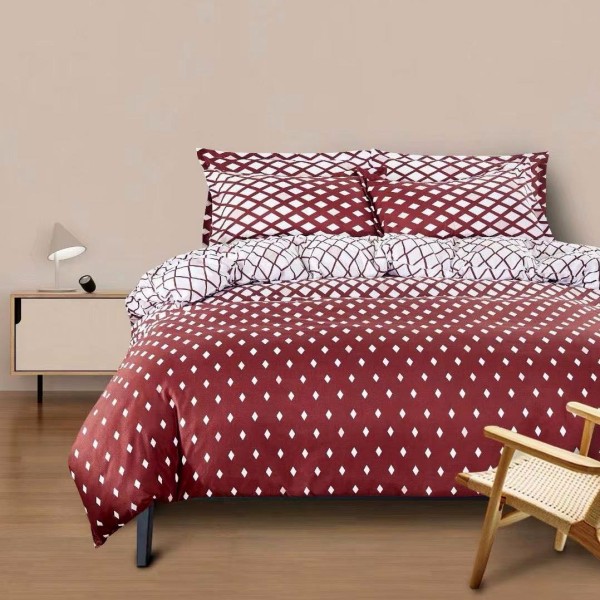 Lenjerie pat dublu (140x200cm, 160x200cm, 180x200cm), bumbac satinat, cearsaf clasic, 4 piese,  Rosu, romburi [1]