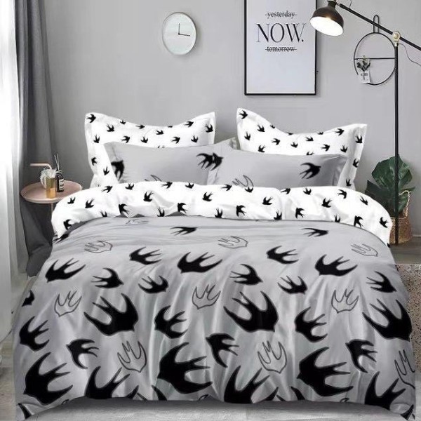 Lenjerie pat dublu (140x200cm, 160x200cm, 180x200cm), bumbac satinat, cearsaf clasic, 4 piese,  Negru, randunele [1]