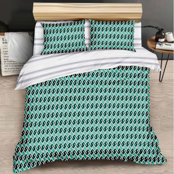 Lenjerie pat dublu (140x200cm, 160x200cm, 180x200cm), bumbac satinat, cearsaf clasic, 4 piese,  Verde, forme geometrice [1]