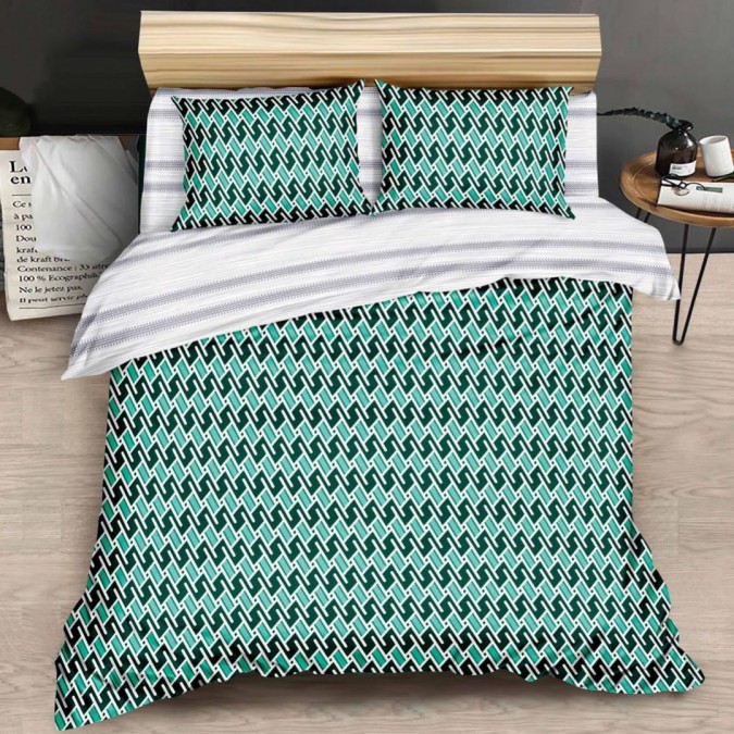 Lenjerie pat dublu cu două feţe, 4 piese, Bumbac Satinat Superior, Verde, forme geometrice