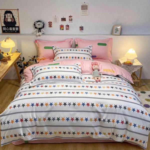 Lenjerie pat dublu (140x200cm, 160x200cm, 180x200cm), bumbac satinat, cearsaf clasic, 4 piese,  Alb, stelute [1]