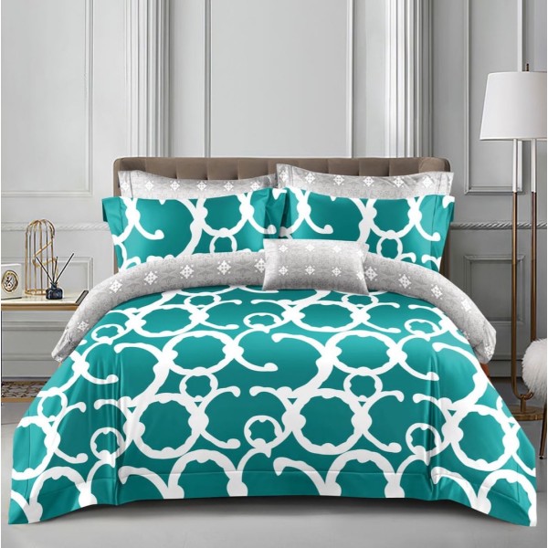 Lenjerie pat dublu (140x200cm, 160x200cm, 180x200cm), bumbac satinat, cearsaf clasic, 4 piese,  Turquoise, model oriental [1]