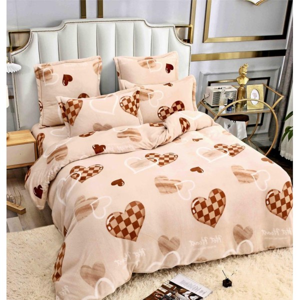Lenjerie pentru Pat Dublu, Cocolino Premium, 4 Piese – Plușată, Groasă, și Călduroasă, Ideală pentru Iarnă –  Confort Maxim, Antișifonare, Crem, inimioare [1]