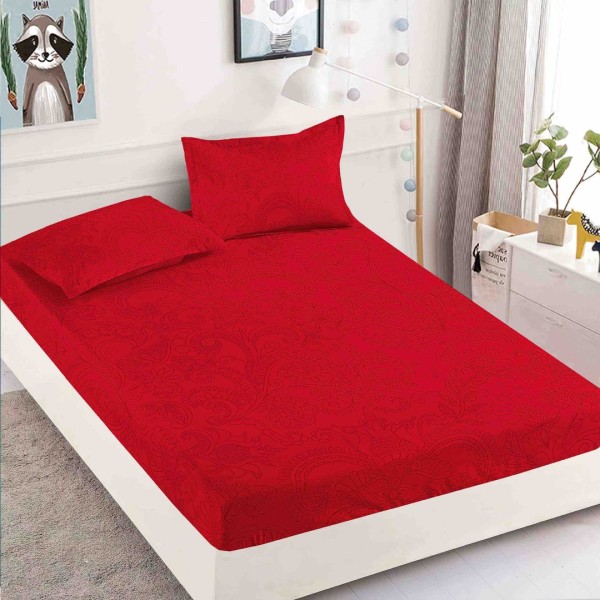 Cearsaf cu elastic, Bumbac FINET, 160/180x200cm, 2 fete de perne 50x70cm, Jojo Home, Rosu, model floral [1]