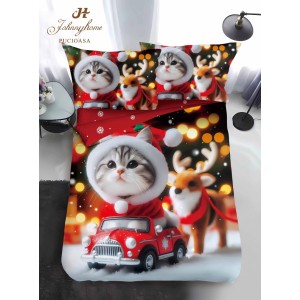 Lenjerie pat 1 PERSOANA, BUMBAC FINET, 4 piese, Identică cu Poza, Craciun, Roșu, Multicolor, pisicuță, mașinuța, ren
