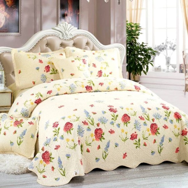 Cuvertura matlasata 230x250cm si 4 fete de perna, Bumbac, Crem, Multicolor, flori [1]