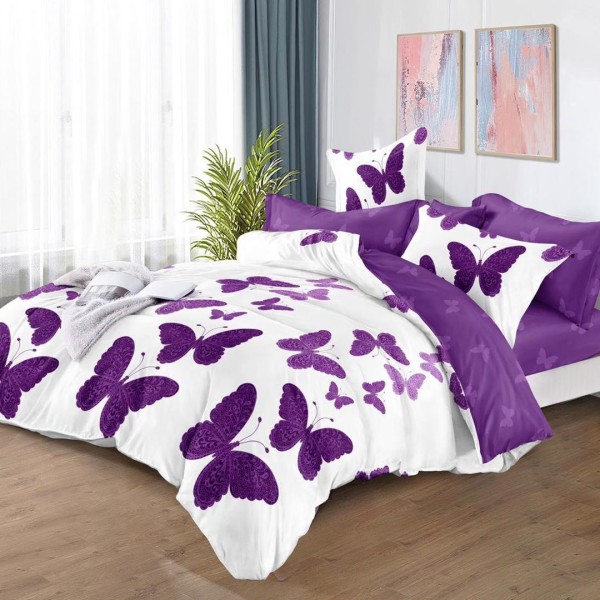 Lenjerie pat dublu (160x200cm, 180x200cm),  FINET, 6 piese, cu ELASTIC, Mov, fluturi [1]