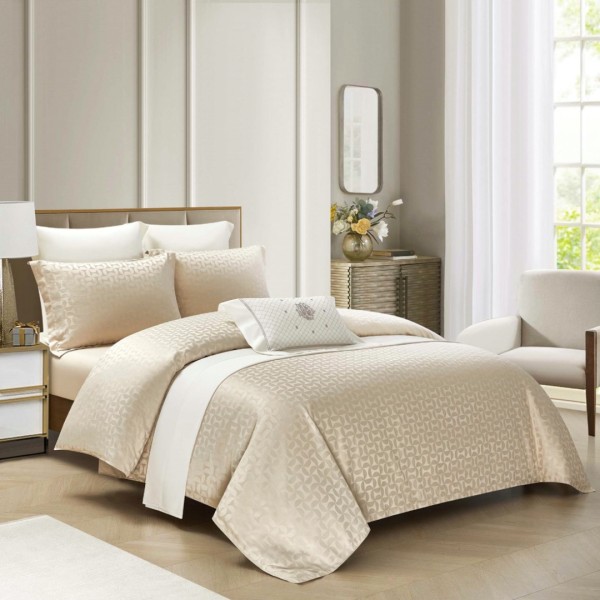 Lenjerie de Pat Dublu, Jacquard Finetat – 4 Piese, Luciu Satinat Rafinat  și Confort Premium, Bej [1]