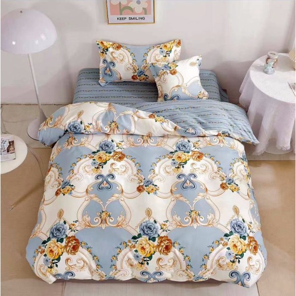 Lenjerie pat 140x200cm,  FINET, 4 piese, cu ELASTIC, Bleu, flori [1]