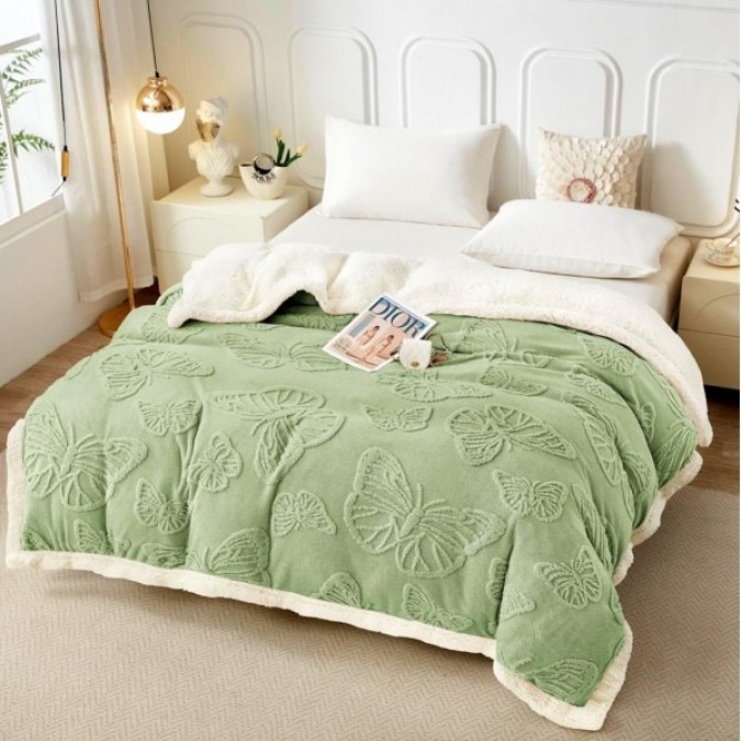 Pătură Super Soft Cocolino cu Blăniță  200x230 cm – Eleganță și Căldură cu Model 3D în Relief  Fluturi Delicați  Verde