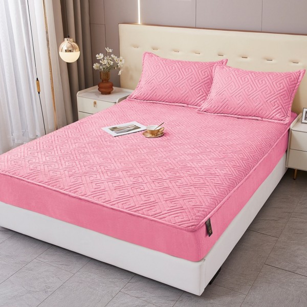 Husă Matlasată Tip Topper din Catifea 160x200cm, cu 2 Fețe de Pernă 50x70cm -  Somn Odihnitor și Susținere pentru Spate, Roz [1]