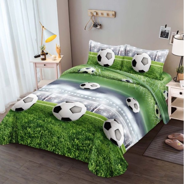 Lenjerie pat 1 PERSOANA, 3 piese, IMPRIMEU 3D Multiplicat, Microfibra, Alb-Verde, fotbal [1]