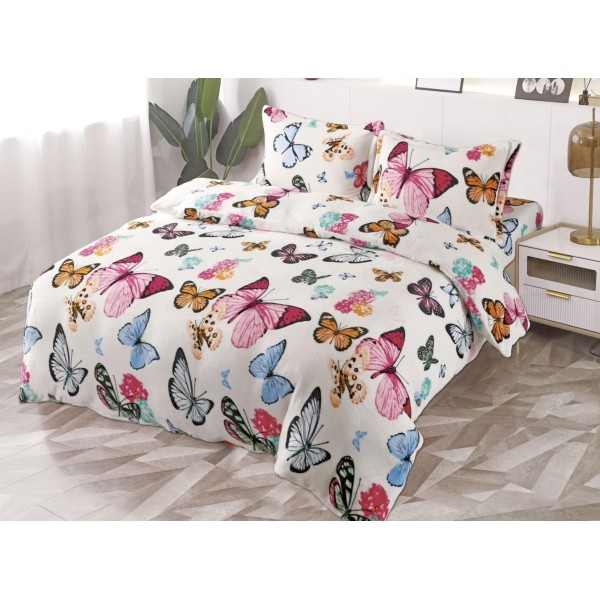 Lenjerie pat dublu, Super Pufoasa COCOLINO, 4 piese, cu ELASTIC, Alb, Multicolor, fluturi [1]