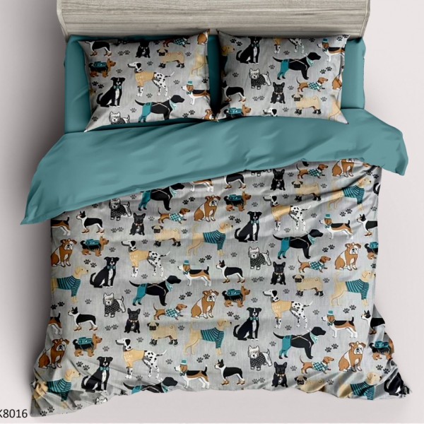 Lenjerie pat Single, BUMBAC 100% Percal, cu 2 Fețe, 4 piese, Gri, Albastru, Catelusi [1]