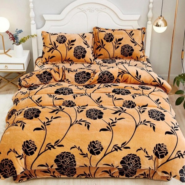 Lenjerie pentru Pat Dublu, Cocolino Premium, 4 Piese – Plușată, Groasă, și Călduroasă, Ideală pentru Iarnă –  Confort Maxim, Antișifonare, Mustar, flori [1]