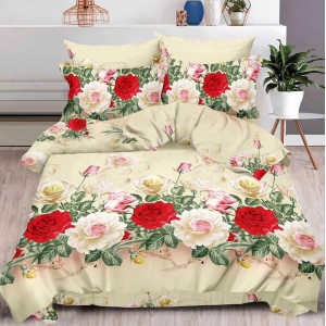Lenjerie pat dublu, 6 PIESE, IMPRIMEU 3D Multiplicat, Bej-Rosu, flori