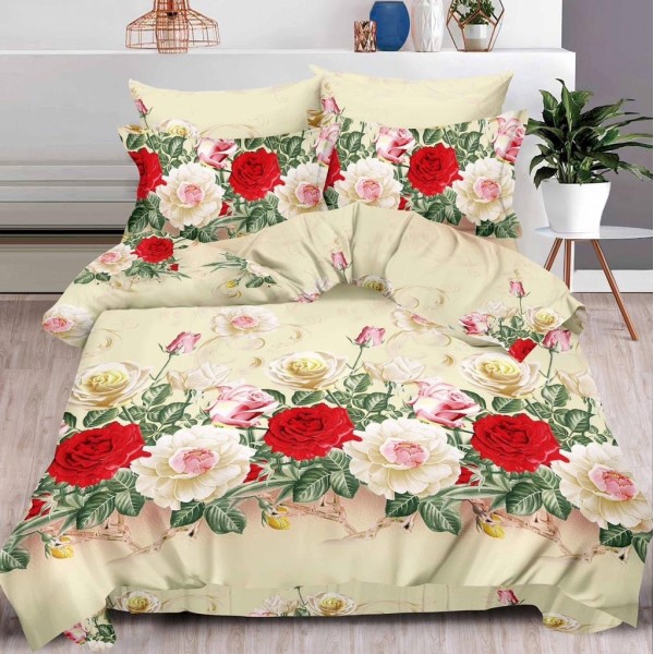 Lenjerie pat dublu, 6 PIESE, IMPRIMEU 3D Multiplicat, Bej-Rosu, flori [1]