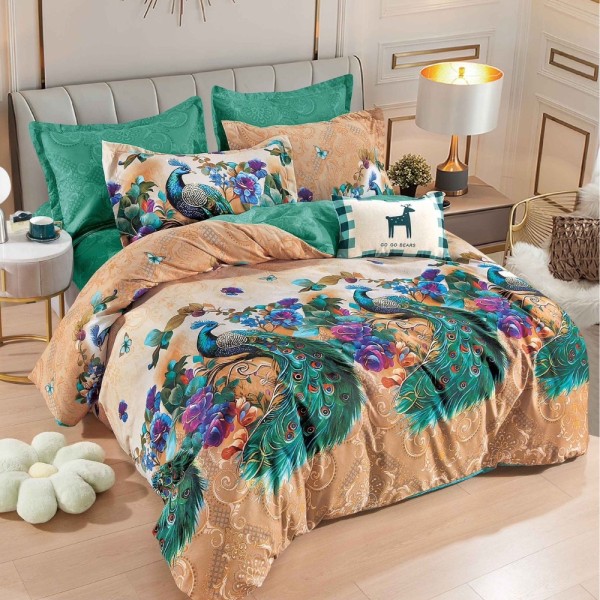 Lenjerie pat dublu,  FINET, 6 piese, Jojo Home, Bej, Verde, pauni [1]