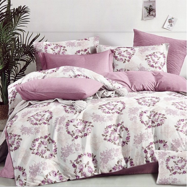 Lenjerie pat dublu,  FINET, 6 piese, Roz, flori [1]