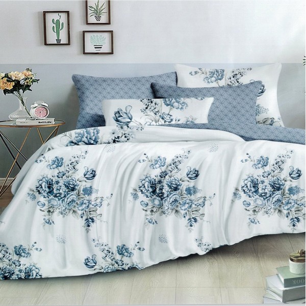 Lenjerie pat dublu,  FINET, 6 piese, Albastru, flori [1]