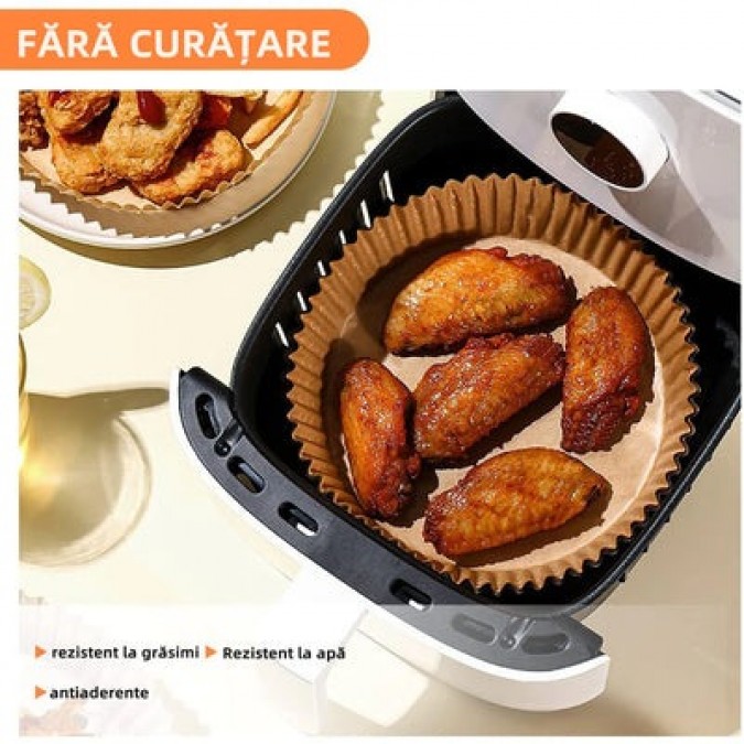 Set 100 bucati hartie de copt pentru friteuza si tava, unica folosinta, 16x20x4.5 cm, Maro