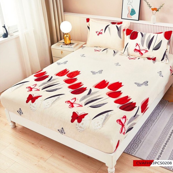 Husa cu elastic 180x200cm, pufoasa cocolino si 2 fete de perna, Crem, Rosu, flori [1]
