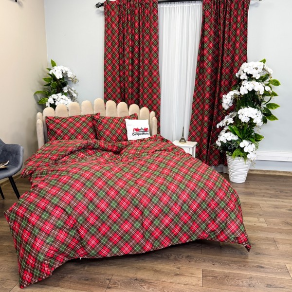 Set Lenjerie Pat Dublu Crăciun 4 Piese + 2 Draperii 150x235cm din Bumbac Ranforsat – Confort și Eleganță, Fabricat în România,Roșu, Verde, Carouri [1]