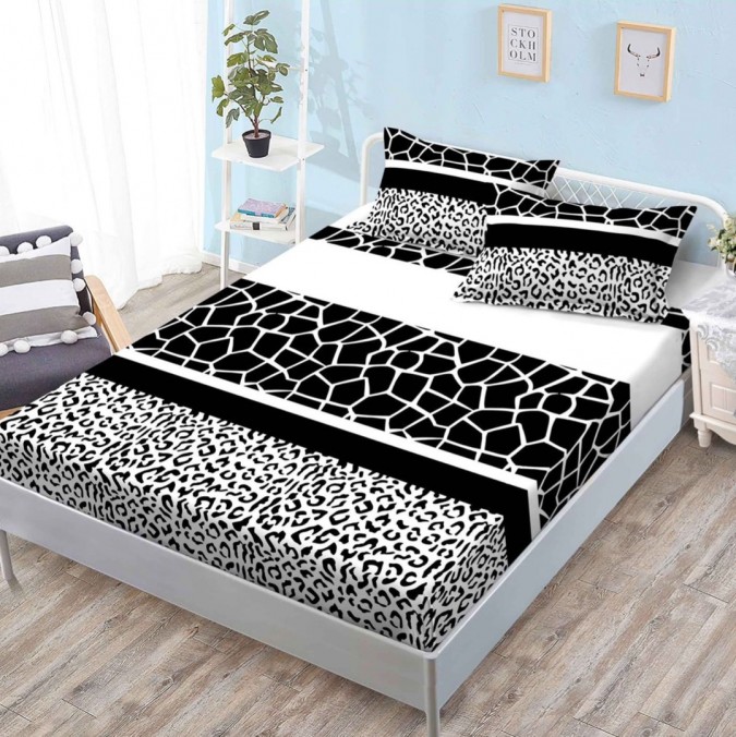 Cearsaf cu elastic, Bumbac FINET, 160x200cm, 2 fete de perne 50x70cm, Alb-Negru, animal print