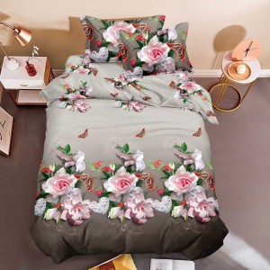 Lenjerie pat 1 PERSOANA, 3 piese, IMPRIMEU 3D Multiplicat, Microfibra, Grej, trandafiri, fluturi