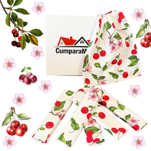 Set de 6 Prosoape Waffle, 30x50cm, pentru Bucatarie, Bumbac 100% Gofre, Atelier CumparaMisim, Alb, Rosu, flori de cires si cirese [1]