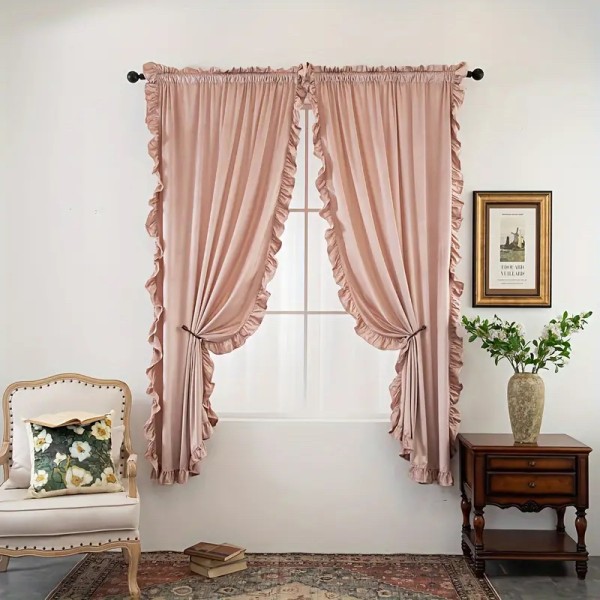 Set 2 Draperii din catifea, cu volanase, Roz, 140cm latime x 260cm inaltime, cu tiv lat pt bara [1]