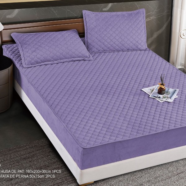 Husă Matlasată Tip Topper din Catifea 160x200cm, cu 2 Fețe de Pernă 50x70cm -  Somn Odihnitor și Susținere pentru Spate, Mov [1]