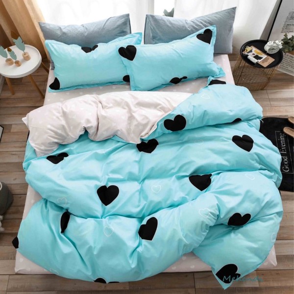Lenjerie pat 140x200cm, 4 piese, cu ELASTIC,  Bleu, inimioare [1]