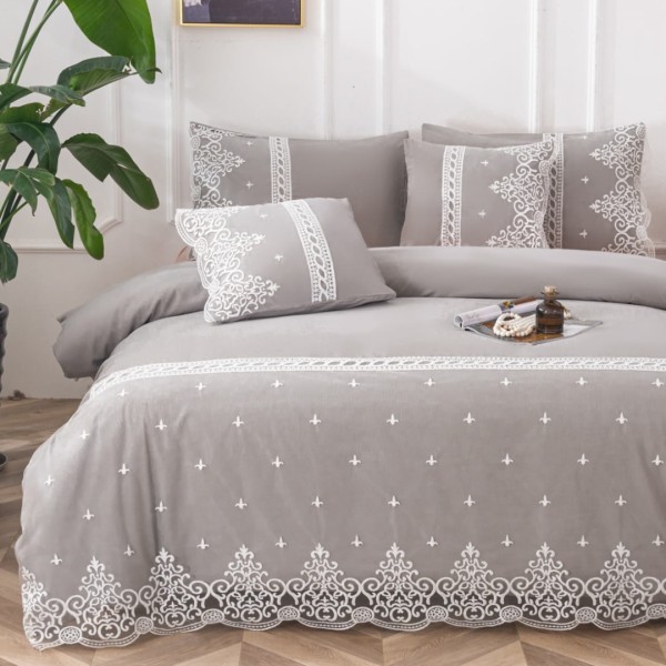 Lenjerie pat dublu, Bumbac Fin cu Dantela si Broderie Rafinata,  CEARSAF CU ELASTIC, 6 piese, Gri [1]