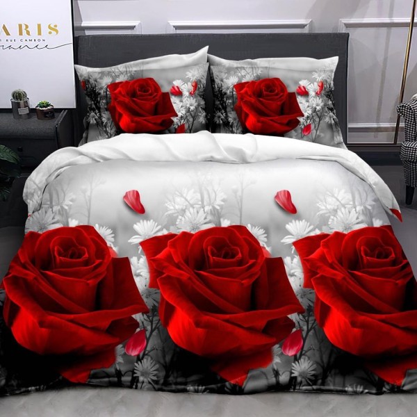 Lenjerie pat dublu (140x200cm, 160x200cm, 180x200cm), cearsaf clasic, imprimeu 3D, Rosu, trandafiri [1]