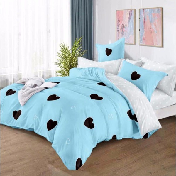 Lenjerie pat dublu (160x200cm, 180x200cm),  FINET, 6 piese, cu ELASTIC, Bleu, inimioare [1]
