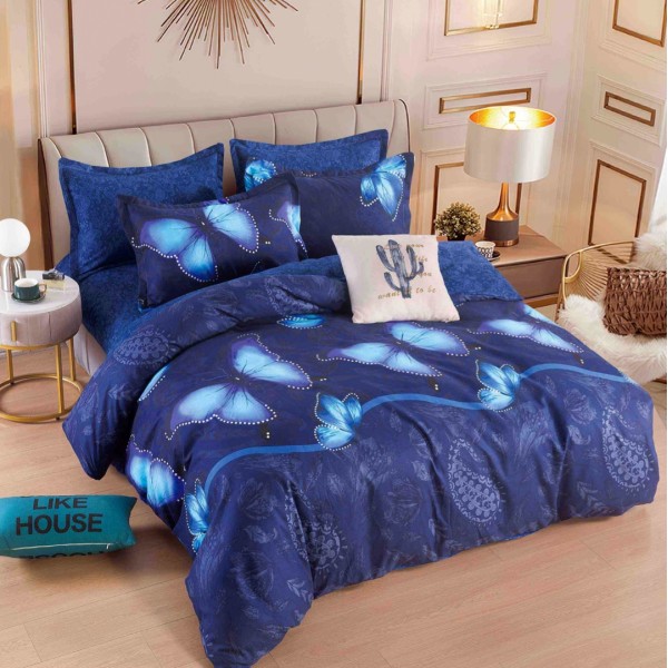 Lenjerie pat dublu,  FINET, 6 piese, Jojo Home, Albastru, fluturi [1]