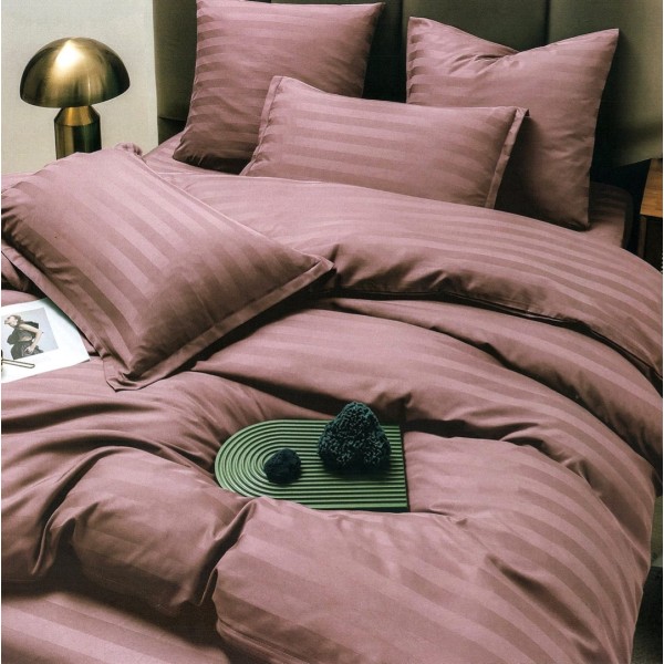 Lenjerie HoReCa DeLuxe, pat dublu, Damasc cu Dunga latã de 3cm, 6 piese, Roz pudra [1]