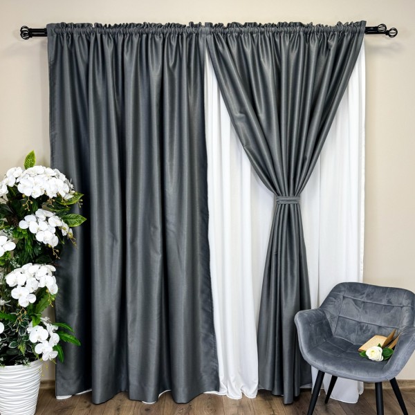 Set 2 Draperii Blackout CLASS Satinata cu fir fin de sclipici - 2m latime x 2.45m inaltime x Tiv lat, Gri inchis - CR07 [1]