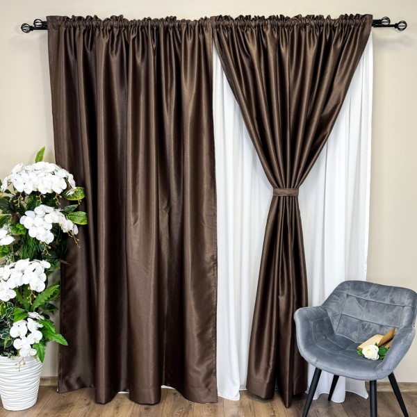 Set 2 Draperii Blackout CLASS Satinata cu fir fin de sclipici - 2m latime x 2.45m inaltime x Tiv lat, Maro ciocolata - CR25 [1]
