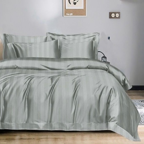 Lenjerie HoReCa DeLuxe, pat dublu, Damasc cu Dunga latã de 3cm, 6 piese, Gri deschis [1]