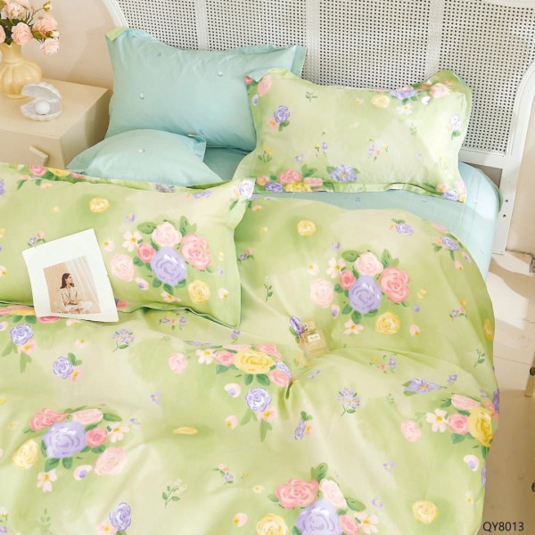 Lenjerie pat dublu, BUMBAC 100% Percal, cu Elastic, 4 piese, Vernil, Bleu, Buchete de Flori [1]